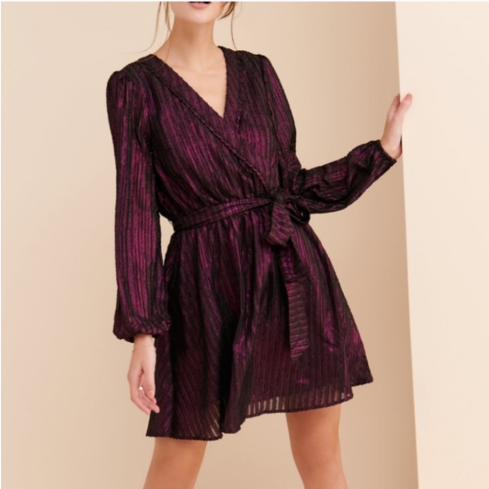 ModCloth Your Time to Shine Purple Metallic Mini Wrap Dress Tie Waist